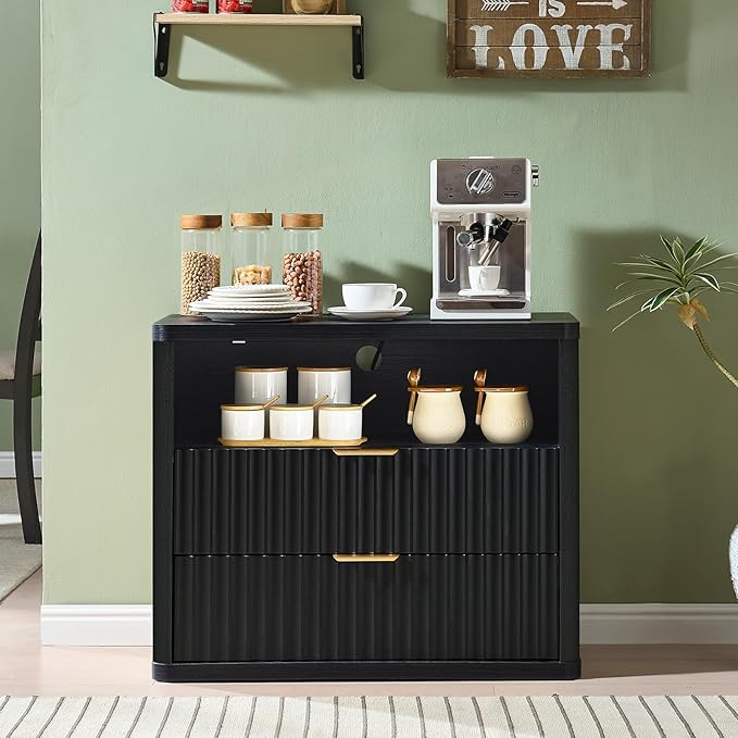 LEYAOYAO 31" Wide Fluted Night Stand Set of 2 with Charging Station, Oversized Extra Large 2 Drawers Nightstand,Black Wood Bedside Table,Tall End Tables,Modern Chest of Drawers Dressers for Bedroom