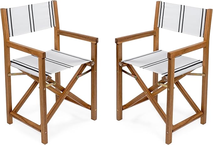 JONATHAN Y DRC1001B-SET2 Cukor Classic Vintage Outdoor Acacia Wood Folding Director Chair with Canvas Seat Mid-Century, Modern, Traditional, Classic, Coastal, White/Black Stripe/Teak Brown (Set of 2)