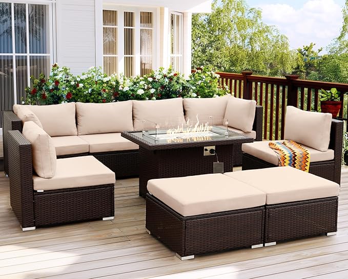 NICESOUL 29.3'' High Back Outdoor Patio Sectional Furniture with Firepit Table Natural Gas & Propane Convertible, 8 Seater Deep Wide Modern Couch, Extra Large Wicker Conversations for Backyard, Brown
