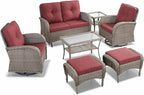 HUMMUH 7 Pieces Wicker Patio Conversation Set Outdoor Glider Loveseat with Patio Swivel Rocking Chairs Outdoor Patio Set for Deck Lawn Porch Balcony Poolside-Grey/Red