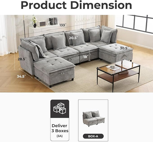 133" U-Shaped Modern Sofa, Modular Sectional Cloud Couch with 2 Ottoman, Oversized Modular Sectional Sofa with Storage Ottoman, 6-Seat Chenille Deep Seat Sofa with 6 Pillows for Living Room, Grey