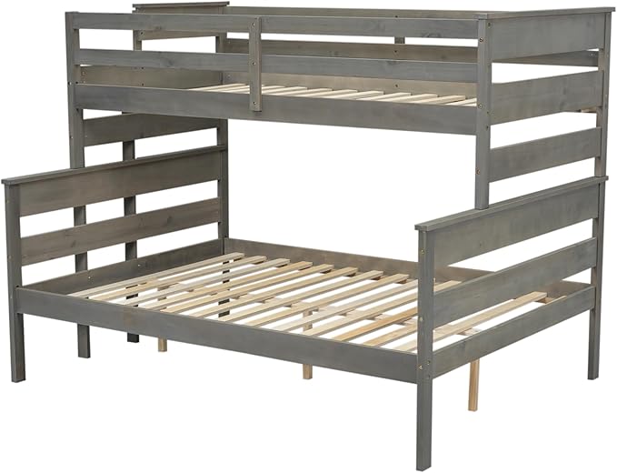 Solid Wood Twin XL Over Queen Bunk Bed with Ladder and Slat Support,Bedroom Detachable Bed Frame w/Easy Assembly & No Box Spring Required,for Kid Adult Boy Girl Teen,Gray