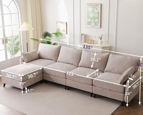 135'' Modular Sectional Sofa with All Seats Storage, Oversized L Shaped Couch for Living Room,4-Seater Comfy Cloud Couches with Movable Ottoman,Big Sectional for Bedroom,Velet,Khaki