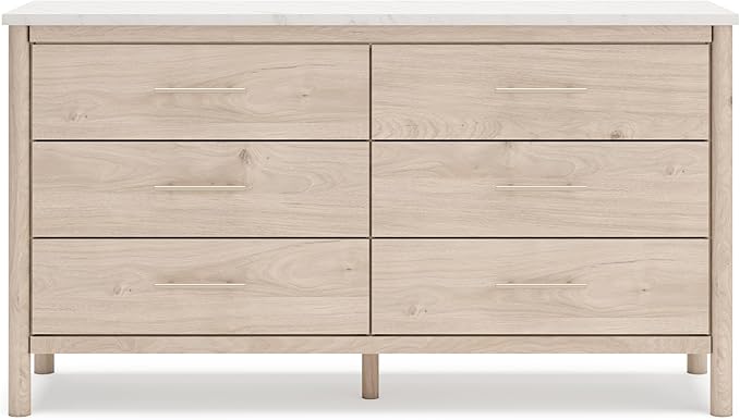 Signature Design by Ashley Cadmori Casual Bohemian Dresser with Post Legs and 6 Drawers, Replicated Marble Top, Wood, 35" High, White and Light Brown Finish