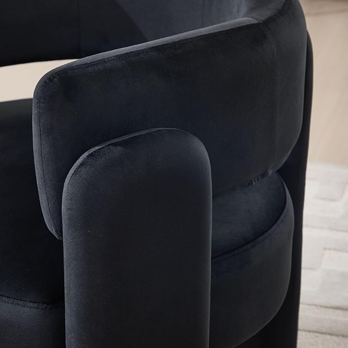Velvet Accent Chair with Arms, Upholstered Barrel Armchair with Curved Back, Comfy Single Side Chair for Reading, Living Room, Home Office, Black