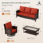 HERA'S HOUSE Red Patio Furniture Set, 35" High Back Swivel Chair with 5.5" Thick Cushions, Oversized Outdoor Wicker Conversation Set for Deck Garden Poolside Backyard Lawn