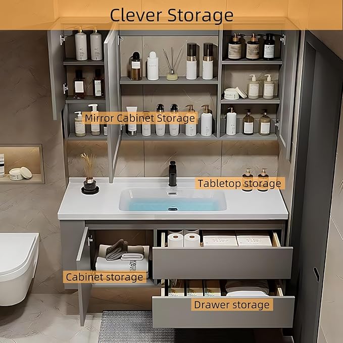 48IN Suspended Bathroom Cabinet Combo Set - Fully Functional LED Mirror Vanity with Smart Defogging & Time Display | Bathroom Vanity with Sink,Side Cabinets Storage Compartment (Style C)