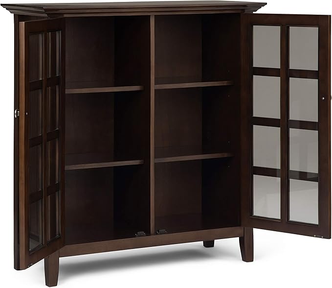 SIMPLIHOME Acadian Storage Cabinet - 39 inch Wide Solid Wood 4-Shelf Display Cabinet in Natural Aged Brown, Transitional Cupboard for Living Room or Dining Room with Glass Doors and Adjustable Shelves