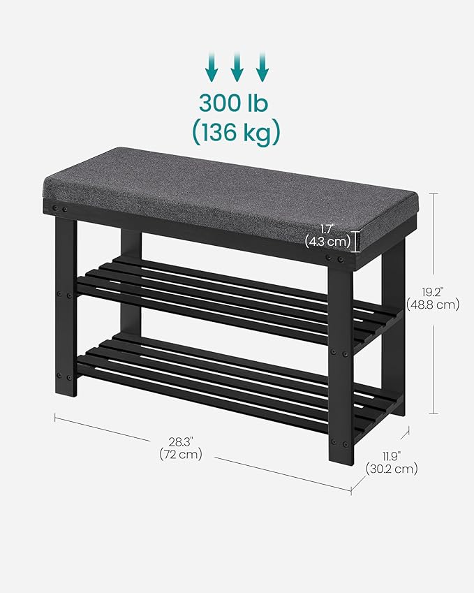 SONGMICS Bamboo Shoe Bench, 3-Tier Shoe Rack Organizer for Entryway, Living Room, Bench Seat Holds Up to 300 lb, 11.9 x 28.3 x 19.2 Inches, Ink Black and Slate Gray ULBS604B01