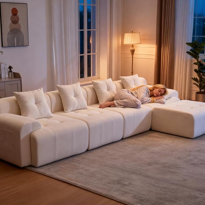 129.23”Modular Sectional Couch for Living Room, Modren L-Shape Cloud Sectional 4-Seater Sofa with Movable Ottoman, Woven Texture Upholstery Boneless Couch, No Assembly, Beige
