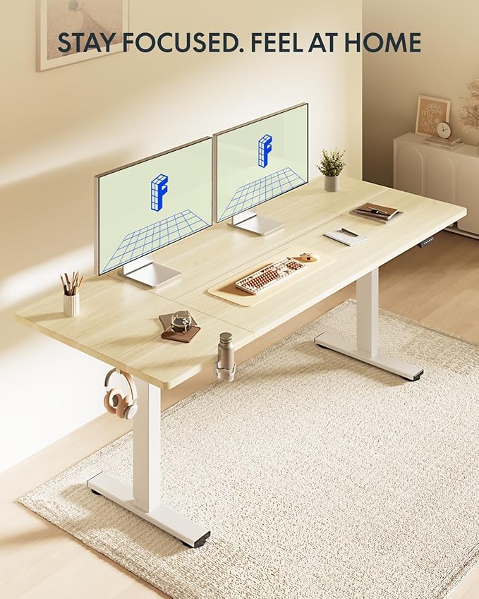 FLEXISPOT 71x32 Inch Electric Large Standing Desk for Home & Office, Spacious Splice Board Desk with Cable Management & Organizer, Cup Holder & Hook, White Wood Grain