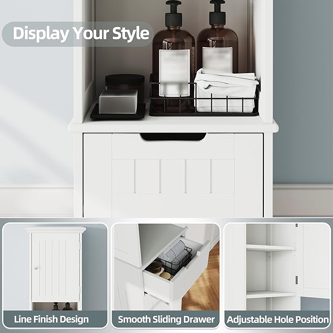 ChooChoo 67" Tall Bathroom Storage Cabinet Freestanding with Adjustable Shelves, Narrow Storage Linen Cabinet with 2 Doors and 1 Drawers for Bathroom, Living Room, Kitchen, White