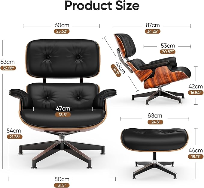 Top Black PU Leather, Mid Century Chaise Lounge Chair and Ottoman, Modern Chair Classic Design, Palisander Wood, Heavy Duty Base Support for Living Room Office