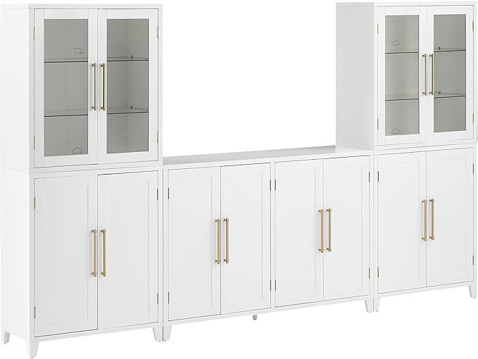 Crosley Furniture Roarke 3-Piece Modern Glass Door Sideboard Buffet Cabinet and Kitchen Storage Pantry Set, White