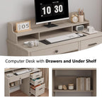 4 EVER WINNER Small Desk with Drawers, Computer Desk with File Cabinet & Monitor Stand, Home Office Desks with Drawers, Wood Writing Desk for Bedroom, Off White