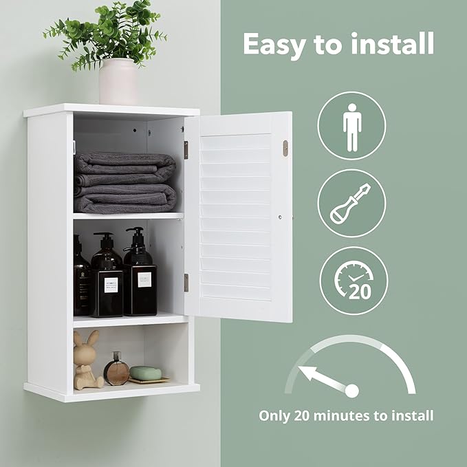 Small Bathroom Wall Cabinet, Slim Single Louvered Door Narrow Over The Toilet Storage, Adjustable Shelves, Space Saver Organizer, 13.4x8.9x25.3 inches