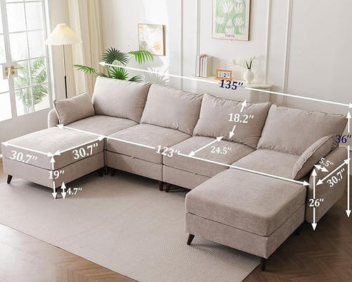 135'' Modular Sectional Sofa with All Seats Storage, Oversized U Shaped Couch for Living Room,4-Seater Comfy Cloud Couch with Movable Ottoman,Big Sectional for Bedroom,Velet,Khaki