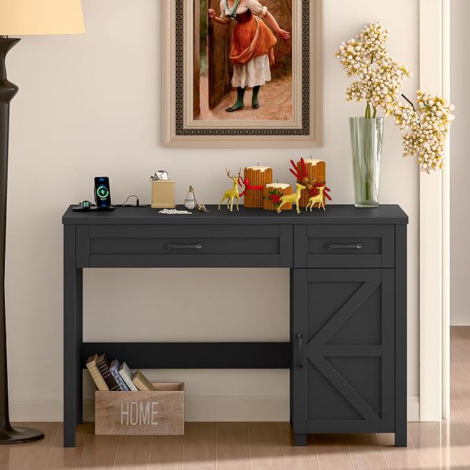 Farmhouse 47" Executive Desk, Computer Desk with Drawers and Storage Cabinet, Workstation Computer Desk for Home Office, Study.Pure Black