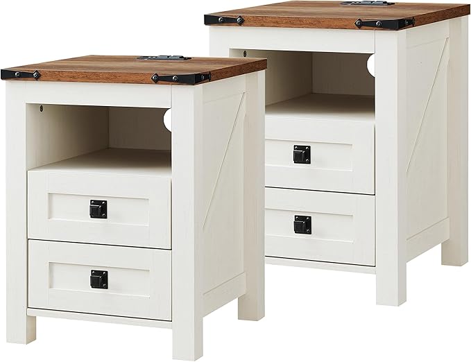 T4TREAM Farmhouse Nightstand Set of 2 with Charging Station, Rustic End Table with 2 Drawers, Storage Open Shelf for Bedroom, Living Room, Wood Side Table, Antique White