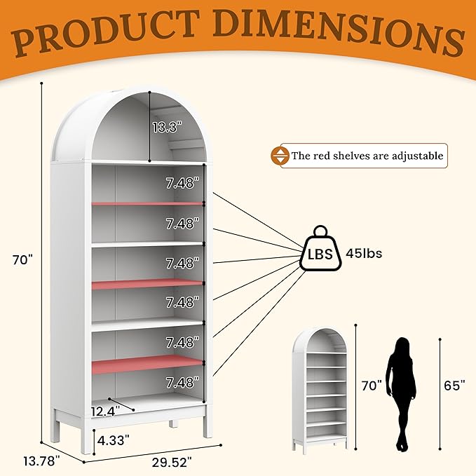 70" Tall Arched Shoe Cabinet, 7-Tier Shoe Rack with 3 Adjustable Shelves, Large Freestanding Shoe Organizer for Entryway, Closet, Hallway, Living Room (Arctic White)