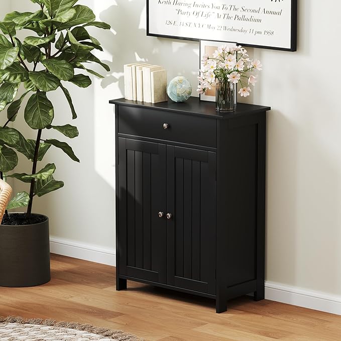 Tangkula Bathroom Storage Cabinet, Freestanding Floor Organizer w/ 2 Doors, 1 Drawer & 1 Adjustable Shelf, Modern Home Bathroom Furniture for Living Room Entryway Kitchen (Cabinet & Drawer, Black)