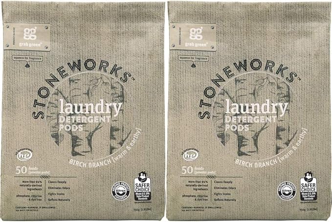 Grab Green Stoneworks Laundry Detergent Pods, 100 Count, Birch Branch Scent, Plant and Mineral Based, Cleans Deeply, Eliminates Odors, Fights Stains,