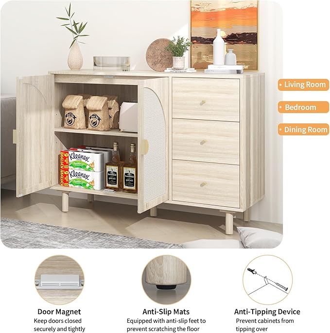 Beige Sideboard Cabinet with 2 Rattan Doors and 3 Drawers, Rattan Buffet Cabinet with Adjustable Shelves & Pine Legs, Boho Sideboard Buffet for Living Room, Kitchen, Entryway, Beige