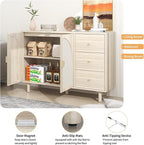 Beige Sideboard Cabinet with 2 Rattan Doors and 3 Drawers, Rattan Buffet Cabinet with Adjustable Shelves & Pine Legs, Boho Sideboard Buffet for Living Room, Kitchen, Entryway, Beige