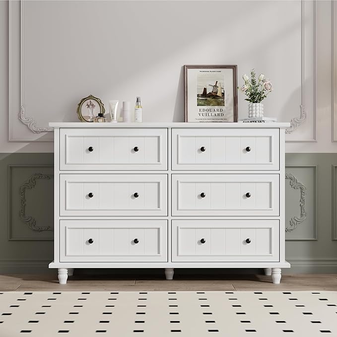 Scurrty Antique 6 Drawer Dresser, Modern Chest of Drawers, Large Cabinet with Storage, Big Dresser for Clothes in Living Room, Bedroom (White)