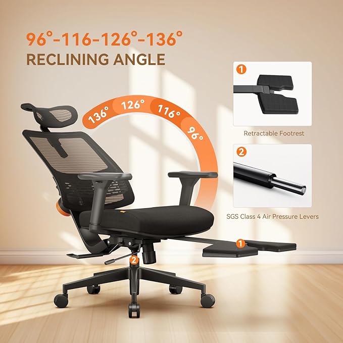 Newtral Office Chair Ergonomic with Footrest, Auto-Following Lumbar Support, High Back Desk Chair with 4D Armrest,136° Tilt Lock, Adjustable Seat Depth & Height (2D Headrest, Black)