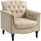UIXE Faux Leather Accent Chairs Set of 2, Comfy Club Chair Upholstered Armchair for Living Room, Button Tufted Arm Chair Retro Single Sofa Side Reding Seat for Bedroom - Beige