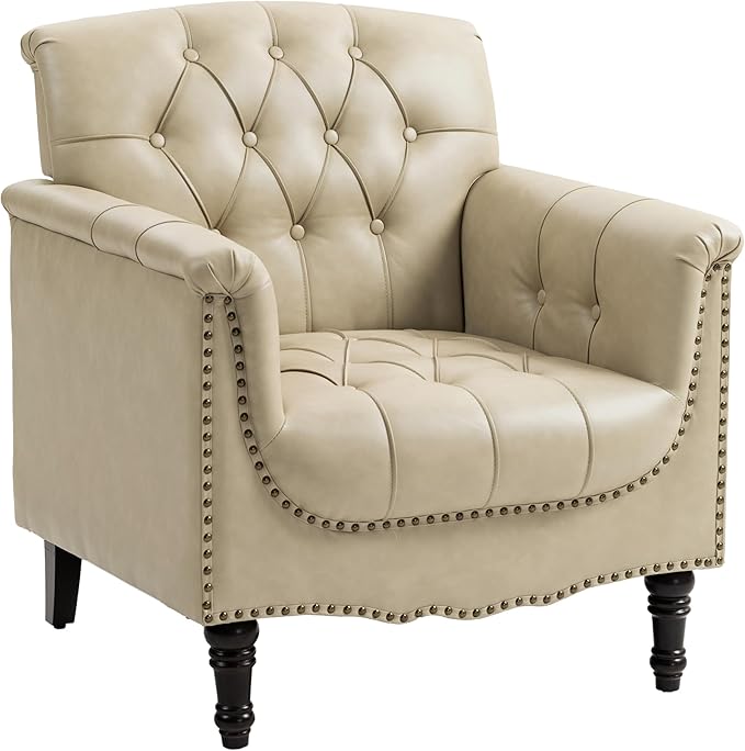UIXE Faux Leather Accent Chairs Set of 2, Comfy Club Chair Upholstered Armchair for Living Room, Button Tufted Arm Chair Retro Single Sofa Side Reding Seat for Bedroom - Beige
