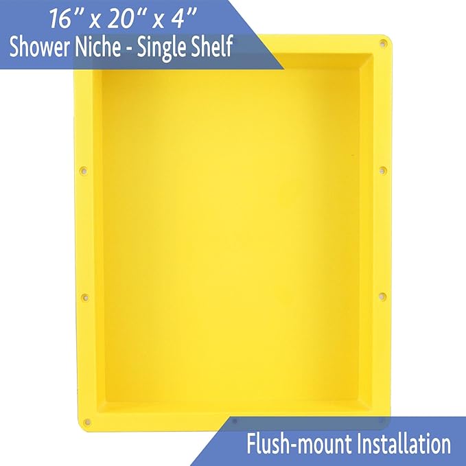 Ready For Tile Waterproof Leak Proof 16" x 20" Bathroom Recessed Shower Niche - Single Bathroom Shelf Organizer Storage For Shampoo & Toiletry Storage - Flush Mount Installation Yellow
