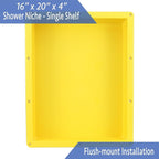 Ready For Tile Waterproof Leak Proof 16" x 20" Bathroom Recessed Shower Niche - Single Bathroom Shelf Organizer Storage For Shampoo & Toiletry Storage - Flush Mount Installation Yellow