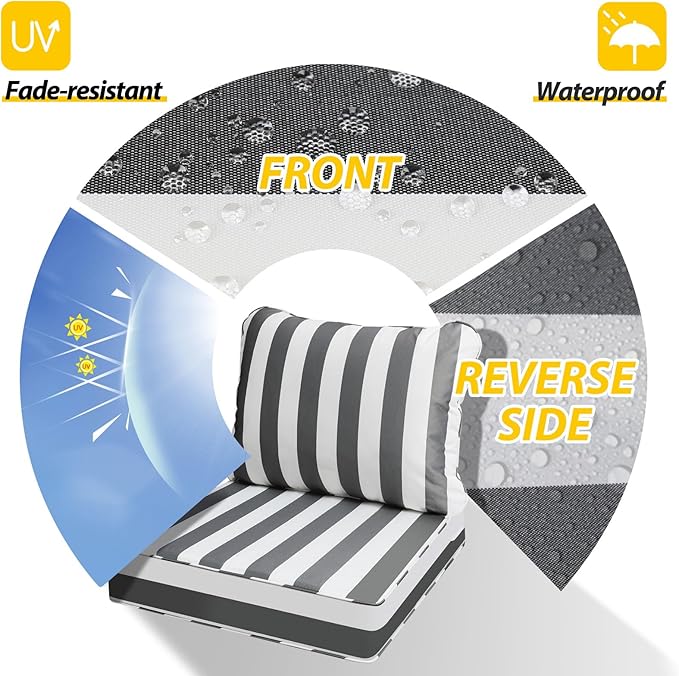 AAAAAcessories Outdoor Deep Seat Cushions, Waterproof, Fade-Resistant Patio Furniture Replacement Cushions, 23.5" x 25.5" x 5" + 23.5" x 19", Gray Cabana Stripe