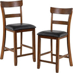 COSTWAY Counter Height Bar Stools Set of 2, 25.5 Inch Mid Century Modern Wooden High-top Chairs with Backrest, Rubber Wood Legs, Faux Leather Seat, Farmhouse Barstools for Kitchen Island, Pubs