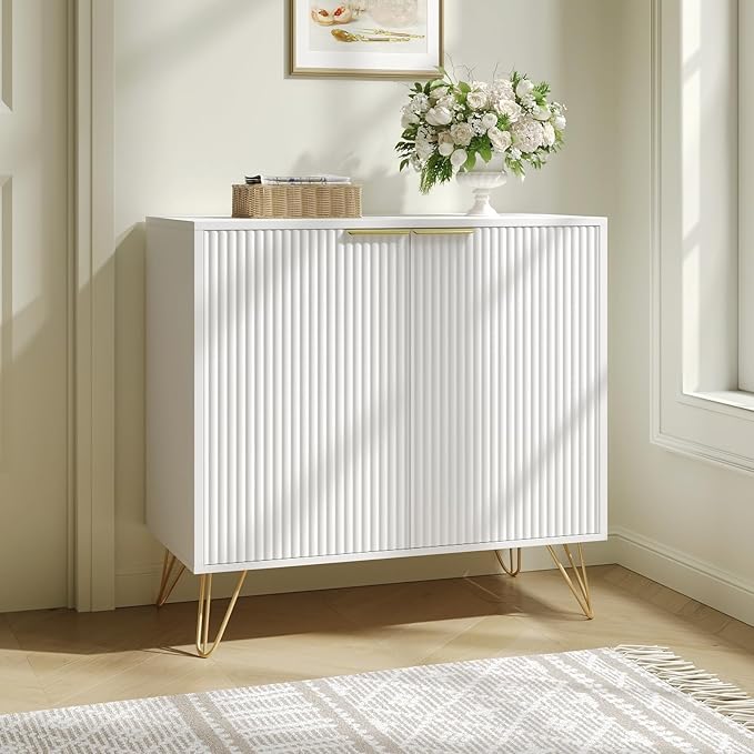 Fluted Storage Cabinet, 2 Doors Sideboard Buffet Cabinet, Modern Wood Accent Cabinet with Adjustable Shelves, Console Table for Living Room, Hallway, Entryway, White