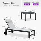 PURPLE LEAF Patio Lounge Chair Set of 3 Outdoor Chaise Lounger Aluminum Frame with Side Table and Wheels for Pool Outside Sunbathing Tanning Recliner Including Pillows White