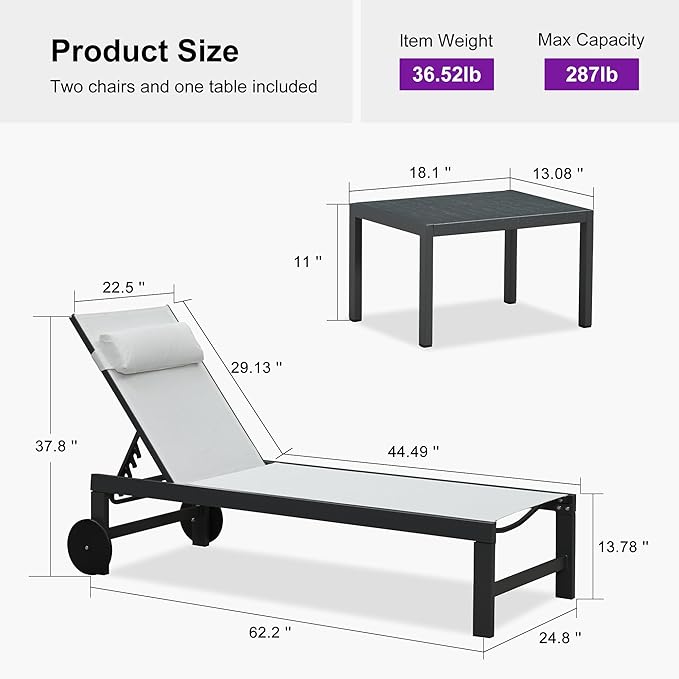 PURPLE LEAF Patio Lounge Chair Set of 3 Outdoor Chaise Lounger Aluminum Frame with Side Table and Wheels for Pool Outside Sunbathing Tanning Recliner Including Pillows White