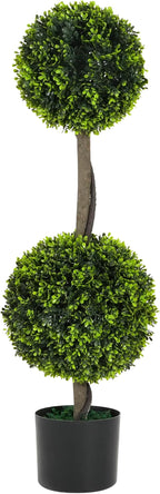 Christopher Knight Home Alene Set of 2 34''H Pre-Potted Artificial Tree Indoor, Artificial Topiary Boxwood Tree Double Ball with Pot, Faux Tree with Natural Wood Trunk with Black Plastic Pot, Green