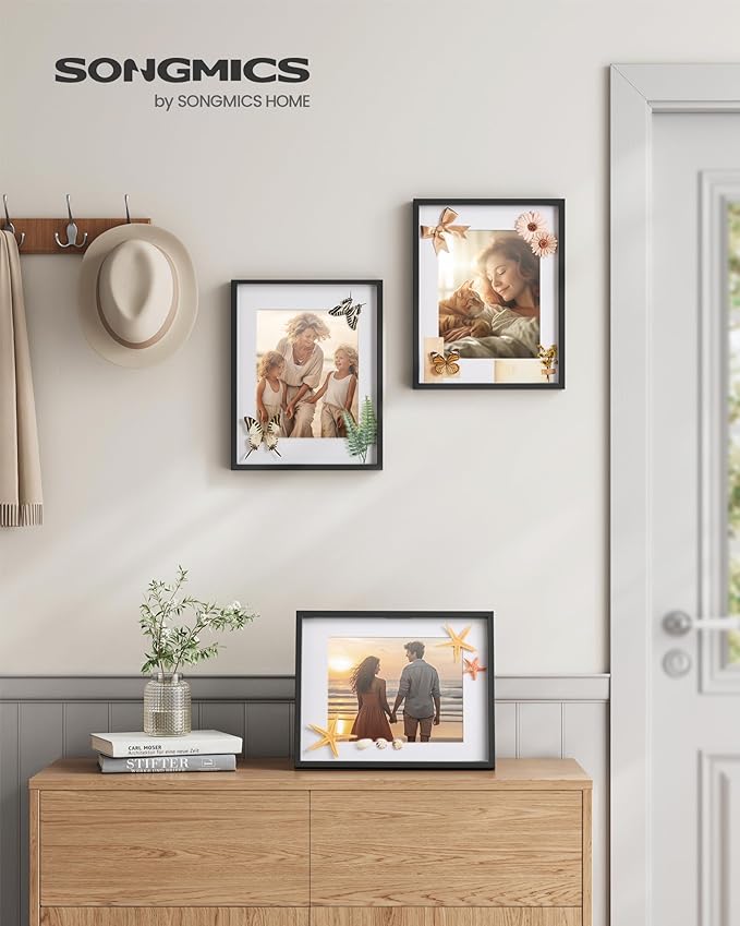 SONGMICS 11x14 Picture Frames Set of 3, Multi Photo Frame Set for Wall Gallery Decor with White Mats, Glass Front, Hanging or Tabletop Display, Black