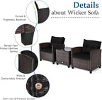 Tangkula 3 Pieces Patio Furniture Set, PE Rattan Wicker 3 Pcs Outdoor Sofa Set w/Washable Cushion and Tempered Glass Tabletop, Conversation Furniture for Garden Poolside Balcony (Black)