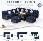NICESOUL 10 Piece L-Shaped Outdoor Furniture Conversation with Fireplace Natural Gas/Propane, 29.3'' High Back Oversized Rattan Sofa Couch, Wide Deep Seated Patio Sectional, 2 Color Cushion Navy&Grey