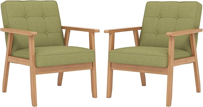 Modern Accent Chair with Arm Rest Set of 2, Upholstered Linen Fabric Leisure Chair Comfy Side Chair with Backrest Button and Wooden Frame for Living Room Bedroom Reading(Green)