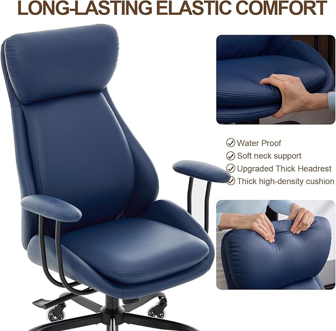 Home Office Desk Chair, PU Casters Ergonomic Computer Chair with Lumbar Support, Adjustable Height, 360°Rolling Swivel Chair, High Back Executive Task, Padded Armrests Chair, Blue Leather