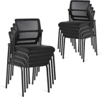 CLATINA Stackable Waiting Room Chair with Adjustable Mesh Backrest, Armless Office Guest Reception Chairs with Leather Cushion and Ergonomic Lumbar Support for Conference Lobby Side School, 8PK, Black