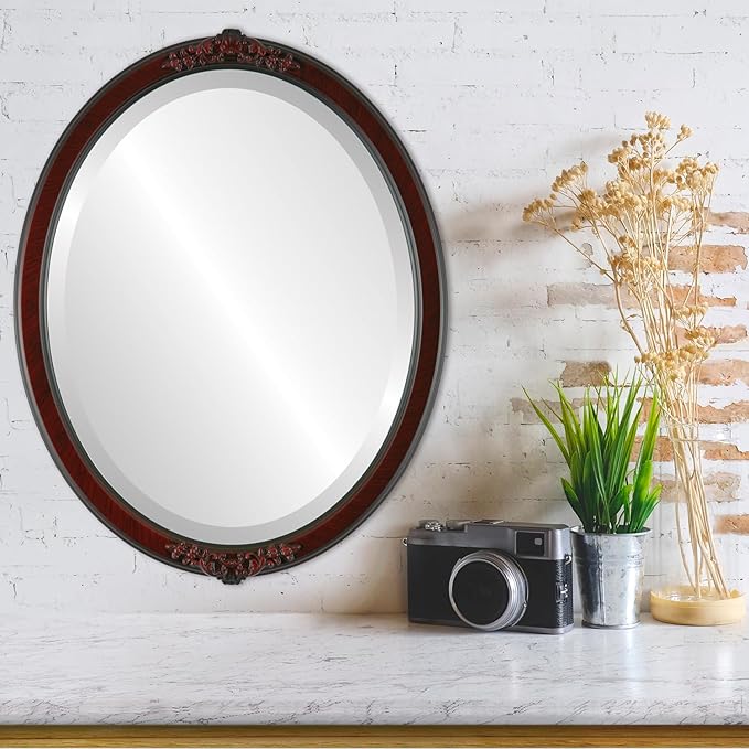 OVALCREST Oval Beveled Wall Mirror for Home Decor - Athena Style - Vintage Cherry - 18" x 14" Outside Dimensions