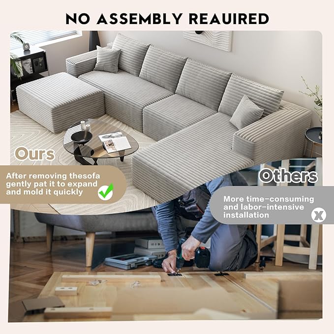 135.4" Cloud Sectional Couch with 1 Ottoman,Modern Modular Sofa with Deep Seat, Comfort U Shaped Sofa Couches for Living Room Bedroom Apartments,No Assembly Required, (Grey,Right Facing Chaise)