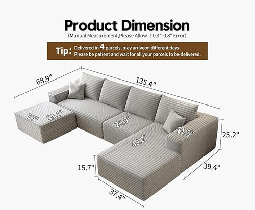 135.4" Cloud Sectional Couch with 1 Ottoman,Modern Modular Sofa with Deep Seat, Comfort U Shaped Sofa Couches for Living Room Bedroom Apartments,No Assembly Required, (Grey,Right Facing Chaise)