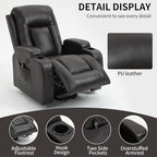PELUMY Manual Lift Recliner Chair for Elderly with Massage & Heat, Oversized Heavy Duty 350 lbs Recliner with Cup Holders & USB Ports, Infinite Positioning Lift Chair (Breathable Leather, Dark Brown)